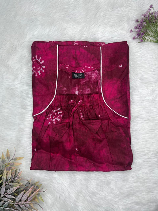 Dark Scarlet Floral Printed Pure Cotton Square Neck Elastic Pleated Nighty Free Size Short Sleeve (Suits for bra size 34″- 40″ | 54-56 inch length)