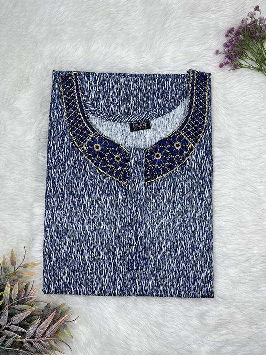 Prussian Blue Printed Normal Zip Pure Cotton Matching Neck Embroidery Nighty Free Size Short Sleeve (Suits for bra size 34″- 40″ | 54-56 inch length)