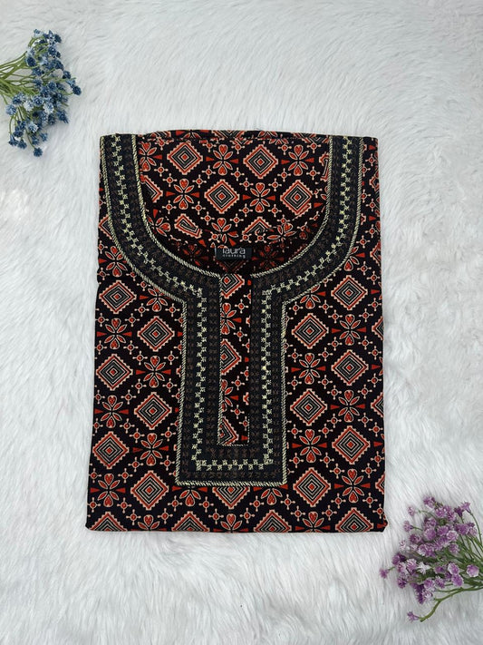 Onyx and Vivid Auburn Printed Normal Zip Pure Cotton Matching Neck Embroidery Nighty Free Size Short Sleeve (Suits for bra size 34″- 40″ | 54-56 inch length)