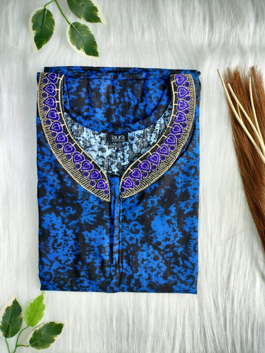 Dark Blue and Black Printed Normal Zip Pure Cotton Matching Neck Embroidery Nighty Free Size Short Sleeve (Suits for bra size 34″- 40″ | 54-56 inch length)