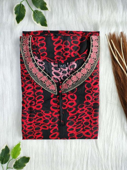 Red and Black Printed Normal Zip Pure Cotton Matching Neck Embroidery Nighty Free Size Short Sleeve (Suits for bra size 34″- 40″ | 54-56 inch length)