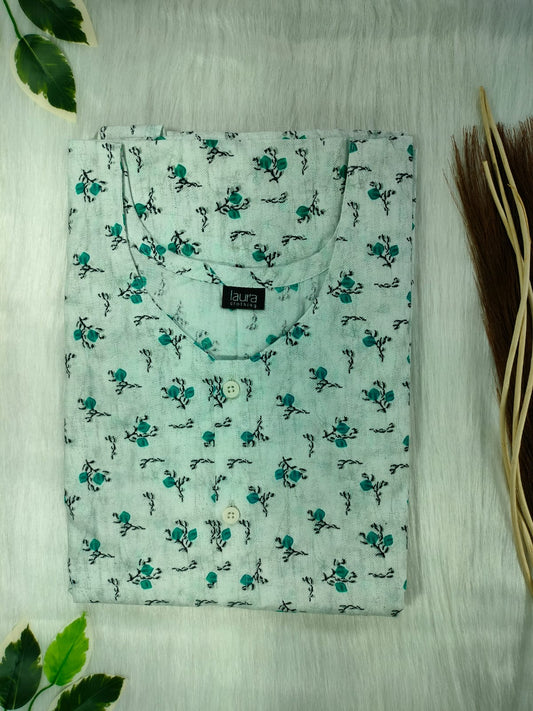 Cascade  Green Printed Round Neck Pure Cotton Full Open Button Labour Room Nighty Free Size Short Sleeve (Suits for bra size 34″- 40″ | 54-56 inch length)