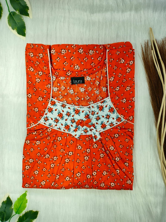 Sinopia Orange Printed Square Neck No Zip Pleated Pure Cotton Nighty Free Size Short Sleeve (Suits for bra size 34″- 40″ | 54-56 inch length)