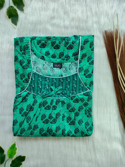 Jungle Green Printed Square Neck No Zip Pleated Pure Cotton Nighty Free Size Short Sleeve (Suits for bra size 34″- 40″ | 54-56 inch length)