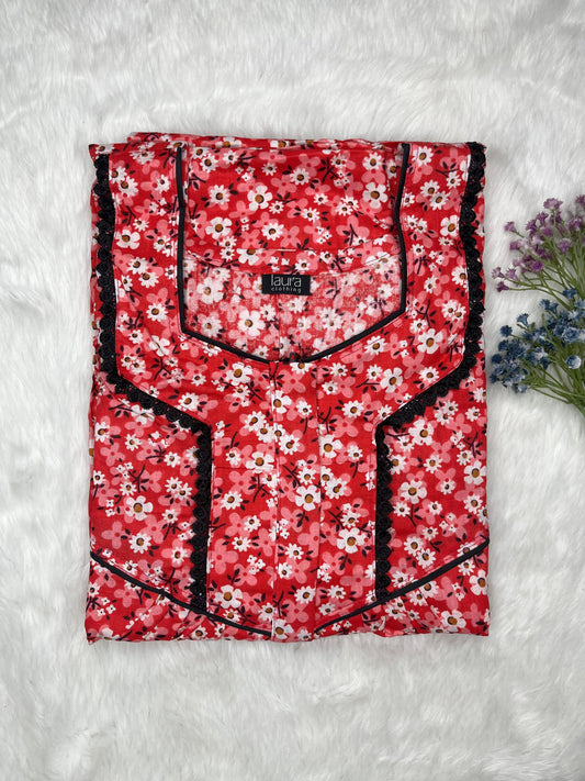 Firebrick Floral Printed Mix and Match Square Neck Centre Long 12" Zip Pure Cotton Feeding Nighty Free Size Short Sleeve (Suits for bra size 34″- 40″ | 54-56 inch length)