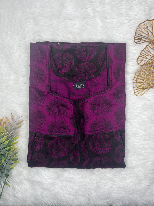 Grape Purple Printed Square Neck Pleated Pure Cotton Feeding Nighty With Two Side Vertical Zip and Single Centre Zip Free Size Short Sleeve (Suits for bra size 34″- 40″ | 54-56 inch length)