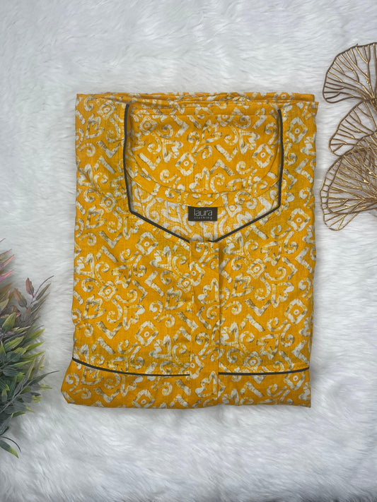 Orange Gold Printed Square Neck Pleated Pure Cotton Feeding Nighty With Two Side Vertical Zip and Single Centre Zip Plus Size Short Sleeve (Suits for bra size 40″- 46″ | 54-56 inch length)