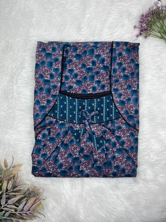 Ebony Blue Pattern Printed Front and Back Pleated Pure Cotton Nighty Free Size Short Sleeve (Suits for bra size 34″- 40″ | 54-56 inch length)