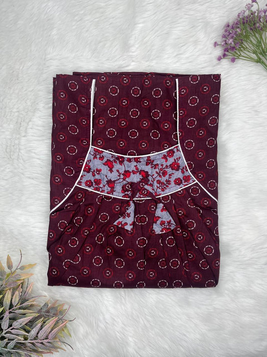 Gondola Red Dots Pattern Printed Front and Back Pleated Pure Cotton Nighty Free Size Short Sleeve (Suits for bra size 34″- 40″ | 54-56 inch length)
