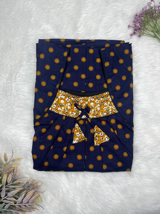 Navy Blue Dots Pattern Printed Front and Back Pleated Pure Cotton Nighty Free Size Short Sleeve (Suits for bra size 34″- 40″ | 54-56 inch length)