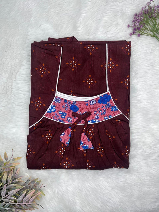 Dark Sienna Printed Front and Back Pleated Pure Cotton Nighty Free Size Short Sleeve (Suits for bra size 34″- 40″ | 54-56 inch length)