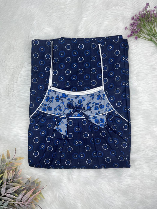 Dark Blue Printed Front and Back Pleated Pure Cotton Nighty Free Size Short Sleeve (Suits for bra size 34″- 40″ | 54-56 inch length)