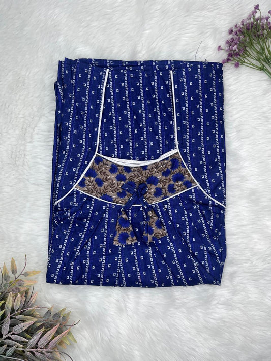 Gulf Blue Printed Front and Back Pleated Pure Cotton Nighty Free Size Short Sleeve (Suits for bra size 34″- 40″ | 54-56 inch length)