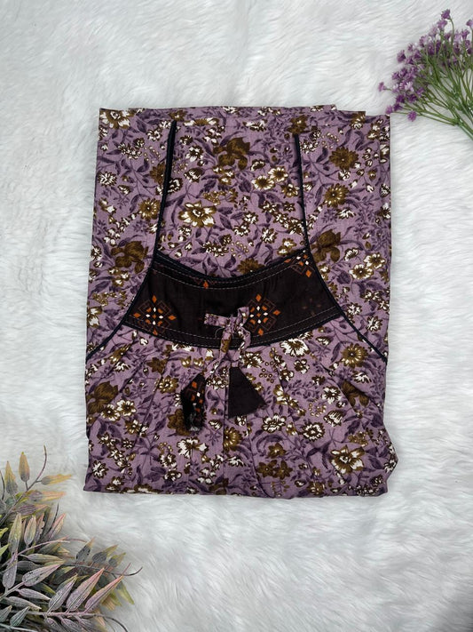 Mauve Printed Front and Back Pleated Pure Cotton Nighty Free Size Short Sleeve (Suits for bra size 34″- 40″ | 54-56 inch length)