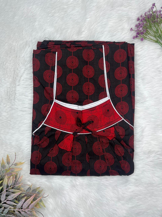 Black Red Printed Front and Back Pleated Pure Cotton Nighty Free Size Short Sleeve (Suits for bra size 34″- 40″ | 54-56 inch length)