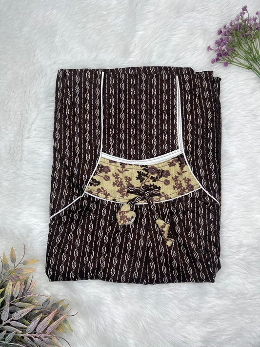 Medium Taupe Printed Front and Back Pleated Pure Cotton Nighty Free Size Short Sleeve (Suits for bra size 34″- 40″ | 54-56 inch length)
