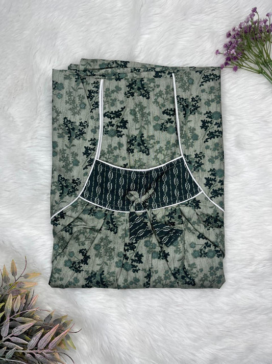 Grey Floral Printed Front and Back Pleated Pure Cotton Nighty Free Size Short Sleeve (Suits for bra size 34″- 40″ | 54-56 inch length)