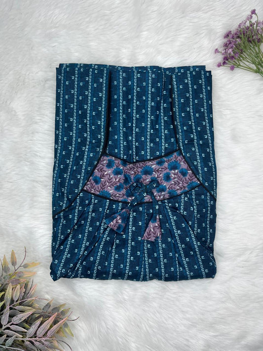 Regal Blue Printed Front and Back Pleated Pure Cotton Nighty Free Size Short Sleeve (Suits for bra size 34″- 40″ | 54-56 inch length)