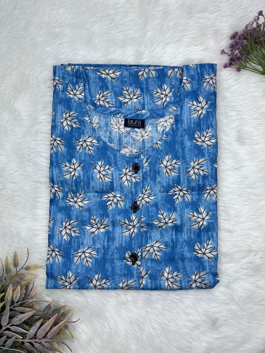 Egyption Blue Printed Round Neck Pure Cotton Full Open Button Labour Room Nighty Free Size Short Sleeve (Suits for bra size 34″- 40″ | 54-56 inch length)