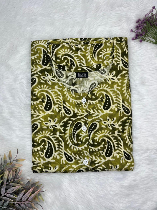 Thach Green Printed Round Neck Pure Cotton Full Open Button Labour Room Nighty Free Size Short Sleeve (Suits for bra size 34″- 40″ | 54-56 inch length)