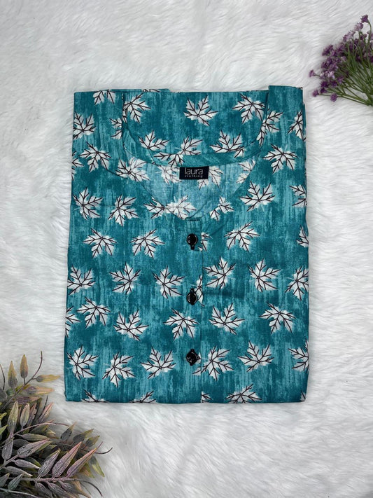 Aqua Blue Printed Round Neck Pure Cotton Full Open Button Labour Room Nighty Free Size Short Sleeve (Suits for bra size 34″- 40″ | 54-56 inch length)
