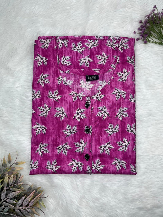 Light Plum Printed Round Neck Pure Cotton Full Open Button Labour Room Nighty Free Size Short Sleeve (Suits for bra size 34″- 40″ | 54-56 inch length)