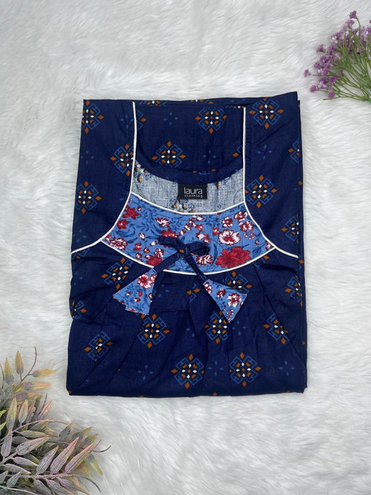Midnight Blue Printed Square Neck No Zip Pleated Pure Cotton Nighty Free Size Short Sleeve (Suits for bra size 34″- 40″ | 54-56 inch length)