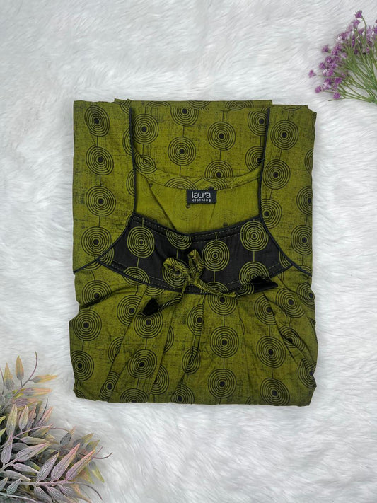 Fern Green Printed Square Neck No Zip Pleated Pure Cotton Nighty Free Size Short Sleeve (Suits for bra size 34″- 40″ | 54-56 inch length)