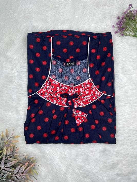 Red Dots Blue Printed Square Neck No Zip Pleated Pure Cotton Nighty Free Size Short Sleeve (Suits for bra size 34″- 40″ | 54-56 inch length)