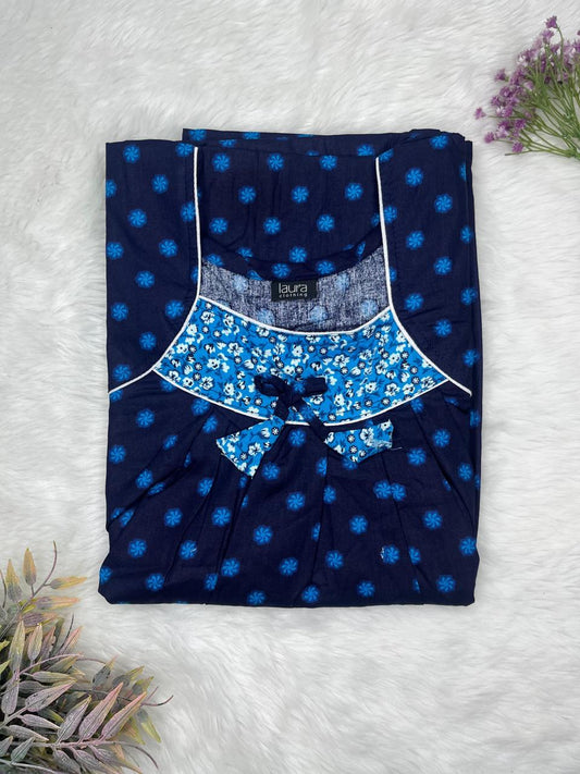 Navy Blue Dots Printed Square Neck No Zip Pleated Pure Cotton Nighty Free Size Short Sleeve (Suits for bra size 34″- 40″ | 54-56 inch length)