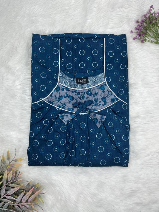 Prussian Blue Printed Square Neck No Zip Pleated Pure Cotton Nighty Free Size Short Sleeve (Suits for bra size 34″- 40″ | 54-56 inch length)