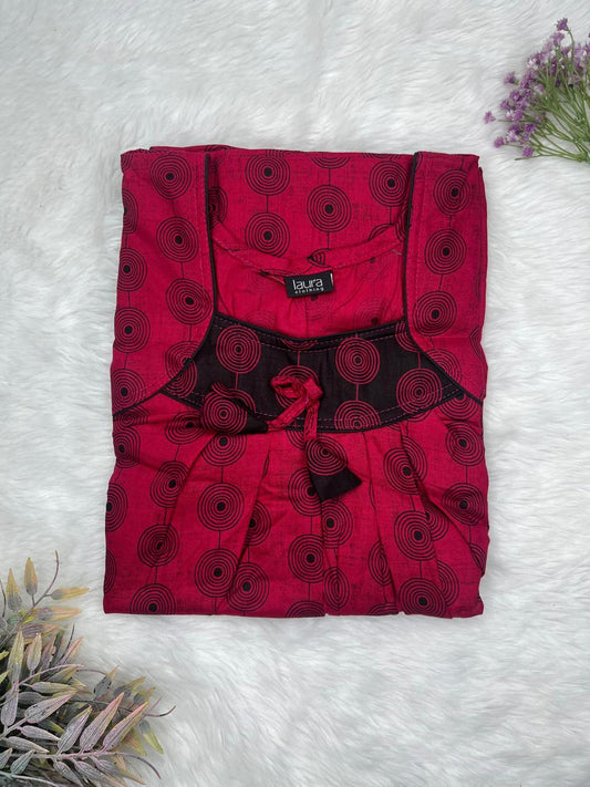 Rose Red Printed Square Neck No Zip Pleated Pure Cotton Nighty Free Size Short Sleeve (Suits for bra size 34″- 40″ | 54-56 inch length)