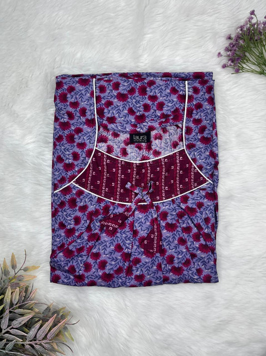 Purple Floral Printed Square Neck No Zip Pleated Pure Cotton Nighty Free Size Short Sleeve (Suits for bra size 34″- 40″ | 54-56 inch length)