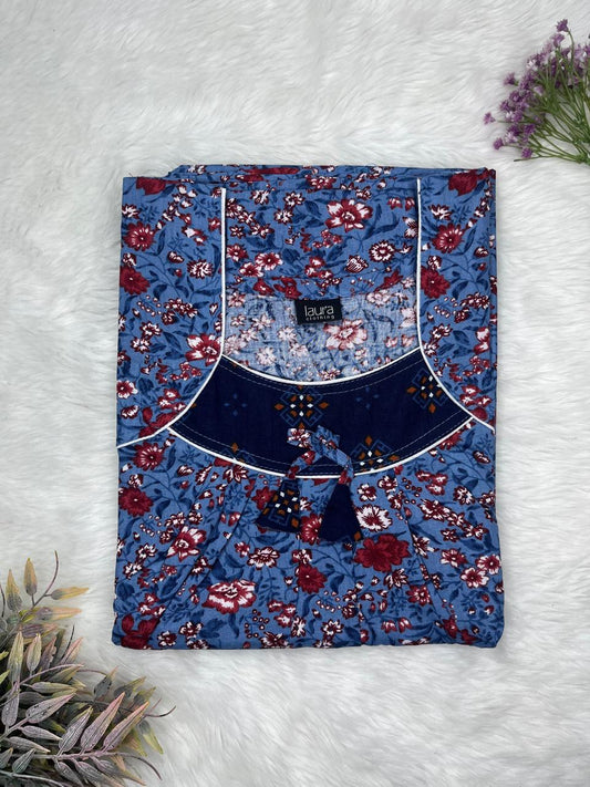 Dusky Blue Printed Square Neck No Zip Pleated Pure Cotton Nighty Free Size Short Sleeve (Suits for bra size 34″- 40″ | 54-56 inch length)