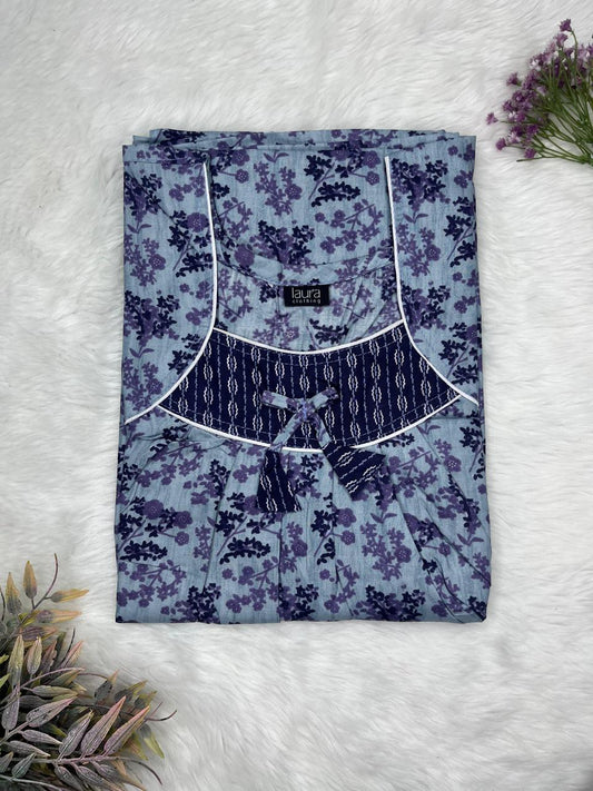 Cloud burst Printed Square Neck No Zip Pleated Pure Cotton Nighty Free Size Short Sleeve (Suits for bra size 34″- 40″ | 54-56 inch length)