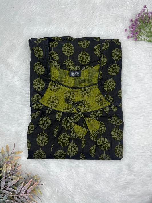 Woodlnd Green Printed Square Neck No Zip Pleated Pure Cotton Nighty Free Size Short Sleeve (Suits for bra size 34″- 40″ | 54-56 inch length)