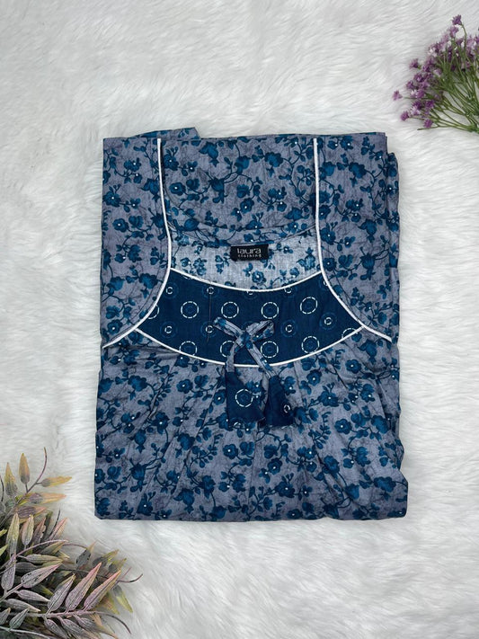 Downriver Blue Printed Square Neck No Zip Pleated Pure Cotton Nighty Free Size Short Sleeve (Suits for bra size 34″- 40″ | 54-56 inch length)