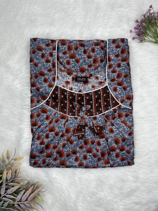 Slate Grey Printed Square Neck No Zip Pleated Pure Cotton Nighty Free Size Short Sleeve (Suits for bra size 34″- 40″ | 54-56 inch length)