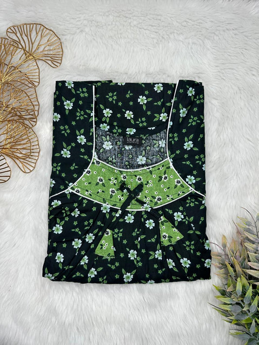 Medium Forest Green Floral Printed Square Neck No Zip Pleated Pure Cotton Nighty Free Size Short Sleeve (Suits for bra size 34″- 40″ | 54-56 inch length)