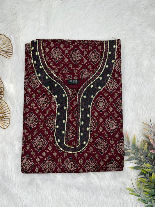 Drak Maroon Kalamkari Printed Normal Zip Embroidery Neck Pure Cotton Maternity Nighty Plus Size Short Sleeve (Suits for bra size 40″- 46″ | 54-56 inch length)