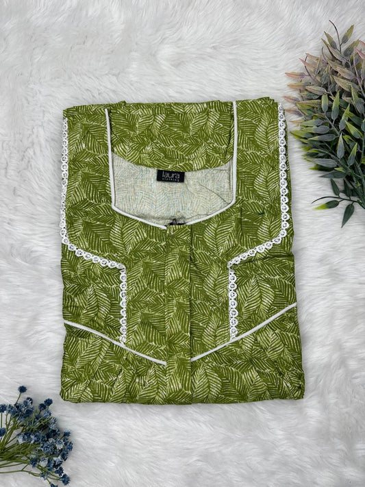 Himalaya Green Leaf Printed Square Neck Centre Long 12" Zip Pure Cotton Feeding Nighty Free Size Short Sleeve (Suits for bra size 34″- 40″ | 54-56 inch length)