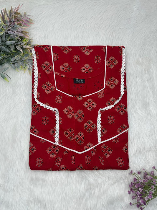 Rosewood Red Printed Square Neck Normal Zip Pure Cotton Nighty Free Size Short Sleeve (Suits for bra size 34″- 40″ | 54-56 inch length)