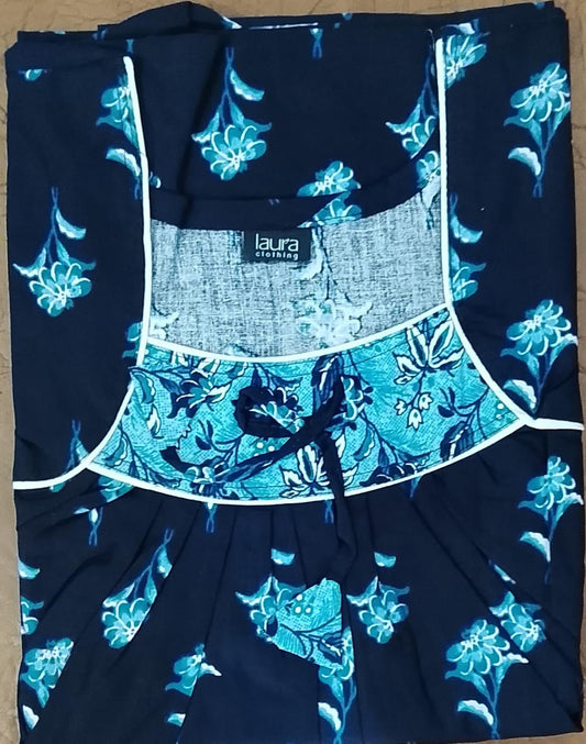 Oxford Blue Printed Square Neck No Zip Pleated Pure Cotton Nighty Free Size Short Sleeve (Suits for bra size 34″- 40″ | 54-56 inch length)