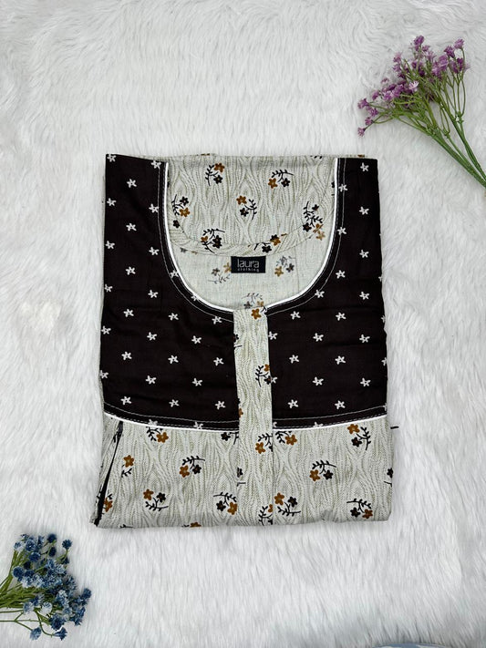 Ash Grey and Onyx Printed Round Neck Pleated Pure Cotton Feeding Nighty With Two Side Vertical Zip and Single Centre Zip Free Size Short Sleeve (Suits for bra size 34″- 40″ | 54-56 inch length)