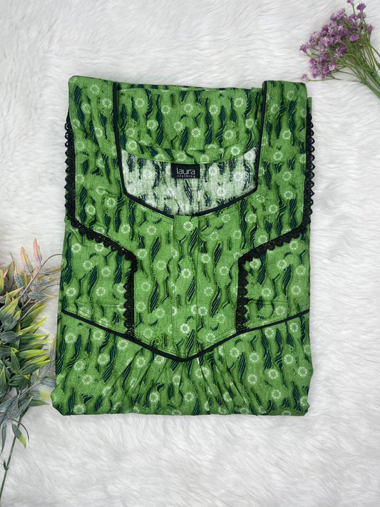 Asparagus Printed Square Neck Normal Zip Pure Cotton Nighty Free Size Short Sleeve (Suits for bra size 34″- 40″ | 54-56 inch length)