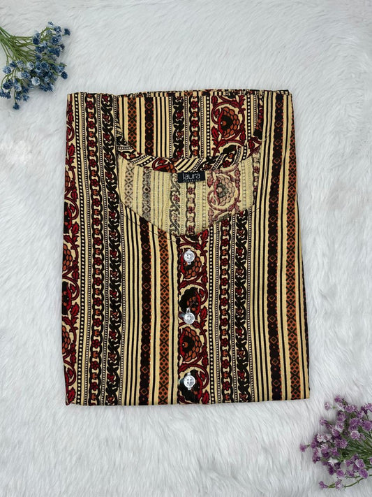 Pale Gold Printed Round Neck Pure Cotton Full Open Button Labour Room Nighty Free Size Short Sleeve (Suits for bra size 34″- 40″ | 54-56 inch length)