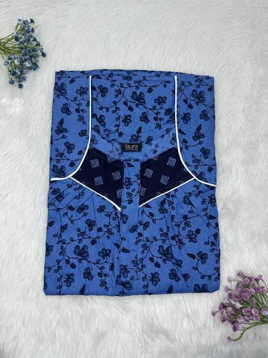 True Blue Printed Square Neck Pleated Zip Pure Cotton Nighty Free Size Short Sleeve (Suits for bra size 34″- 40″ | 54-56 inch length)