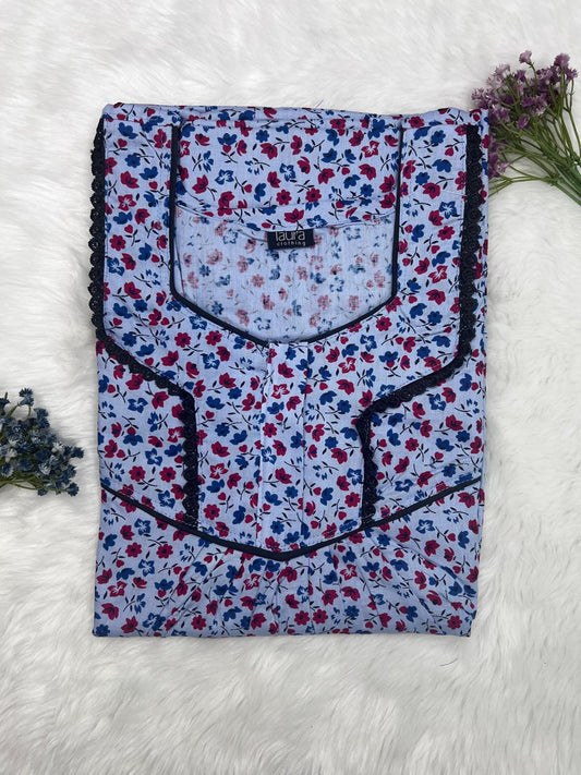 Dark Pastel Blue Floral Printed Square Neck Normal Zip Pure Cotton Nighty Free Size 3/4 Sleeve (Suits for bra size 34″- 40″ | 54-56 inch length)