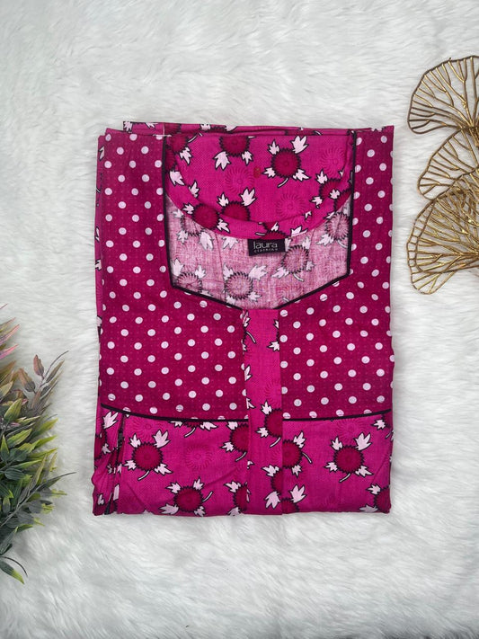 Rich Maroon and Dark Raspberry Printed Square Neck Pleated Pure Cotton Feeding Nighty With Two Side Vertical Zip and Single Centre Zip Free Size Short Sleeve (Suits for bra size 34″- 40″ | 54-56 inch length)