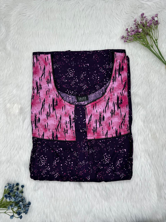 Raspberry Rose and Dark Indigo Printed Round Neck Pleated Pure Cotton Feeding Nighty With Two Side Vertical Zip and Single Centre Zip Free Size Short Sleeve (Suits for bra size 34″- 40″ | 54-56 inch length)